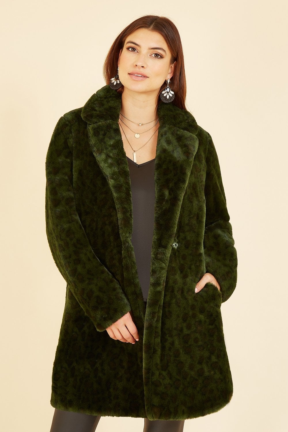 Yumi Green Luxe Leopard Print Faux Fur Coat | Yumi