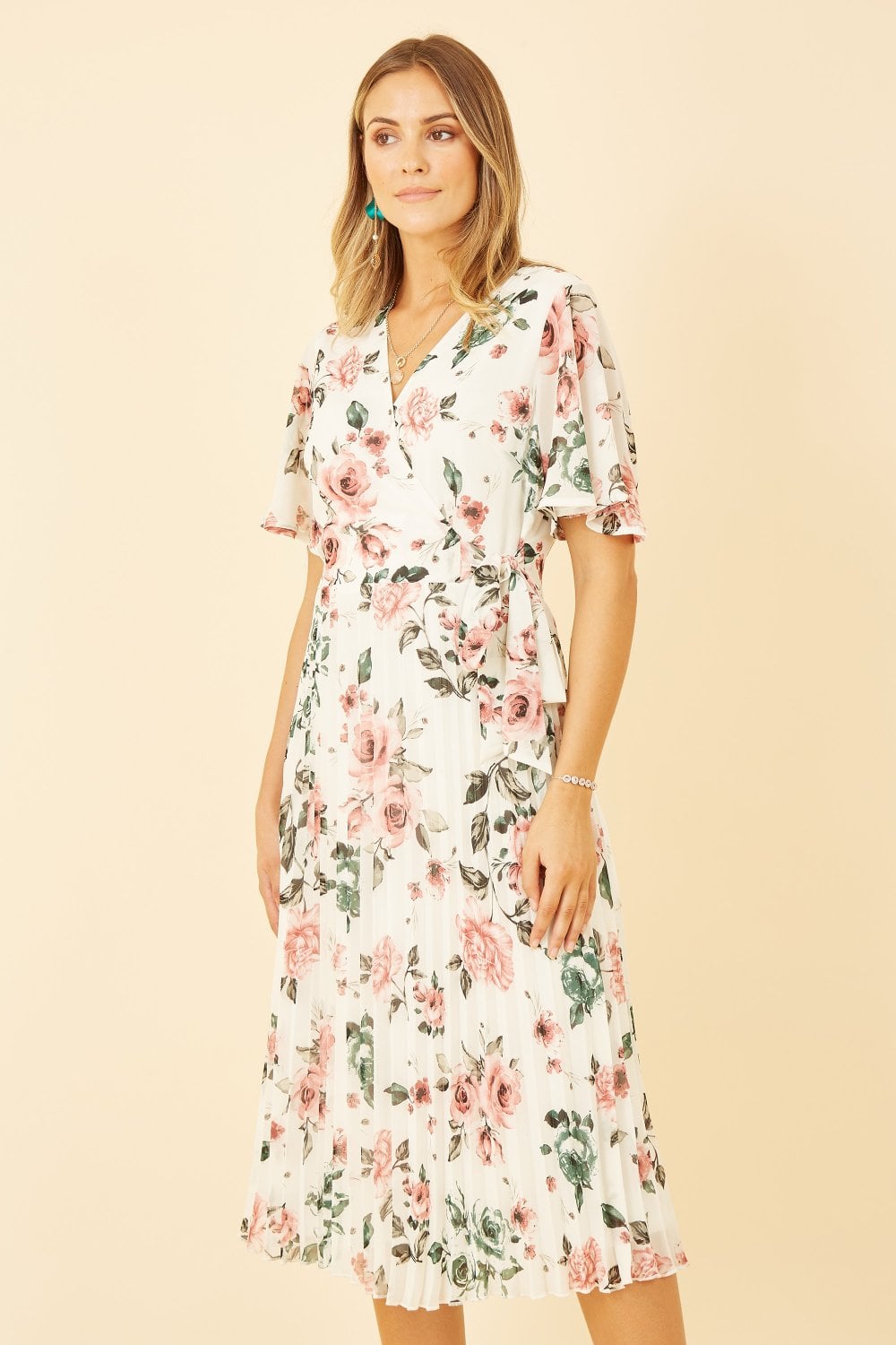 Yumi Ivory Floral Pleated Wrap Midi Dress Yumi