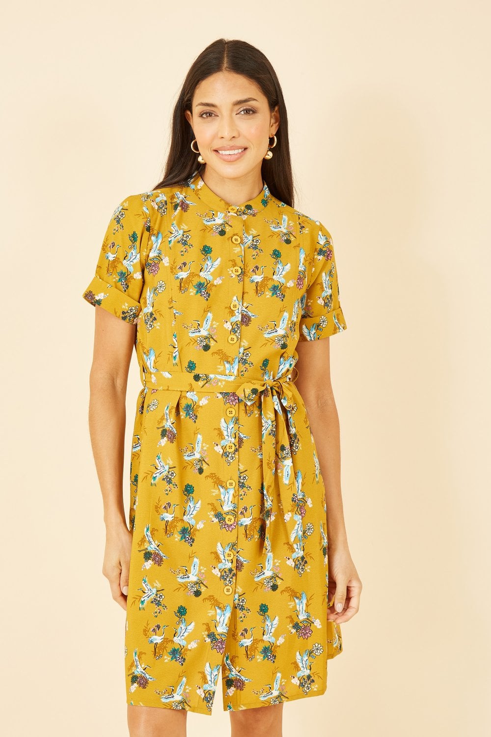 Yumi Mustard Crane Print Shirt Dress Yumi