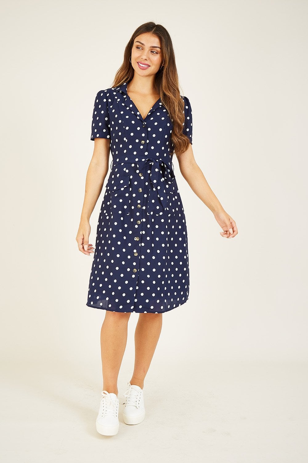Yumi Navy Spotted Retro Shirt Dress Yumi