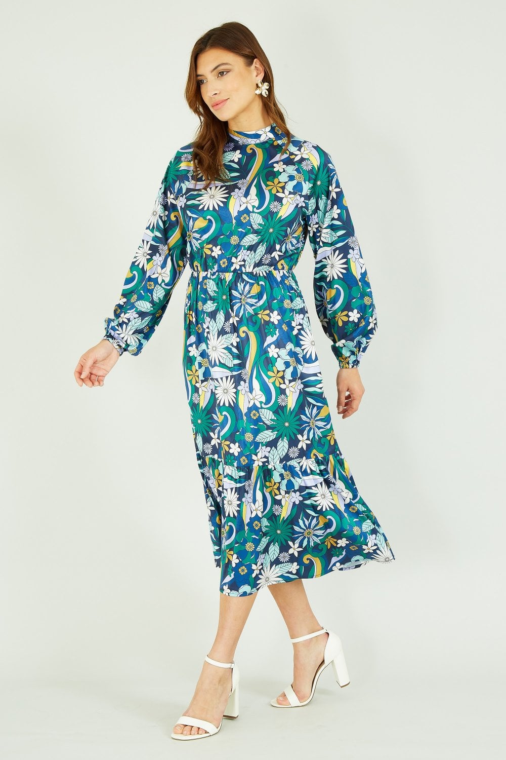 Yumi Seventies Floral Print High Neck Midi Dress With Long Sleeves Yumi