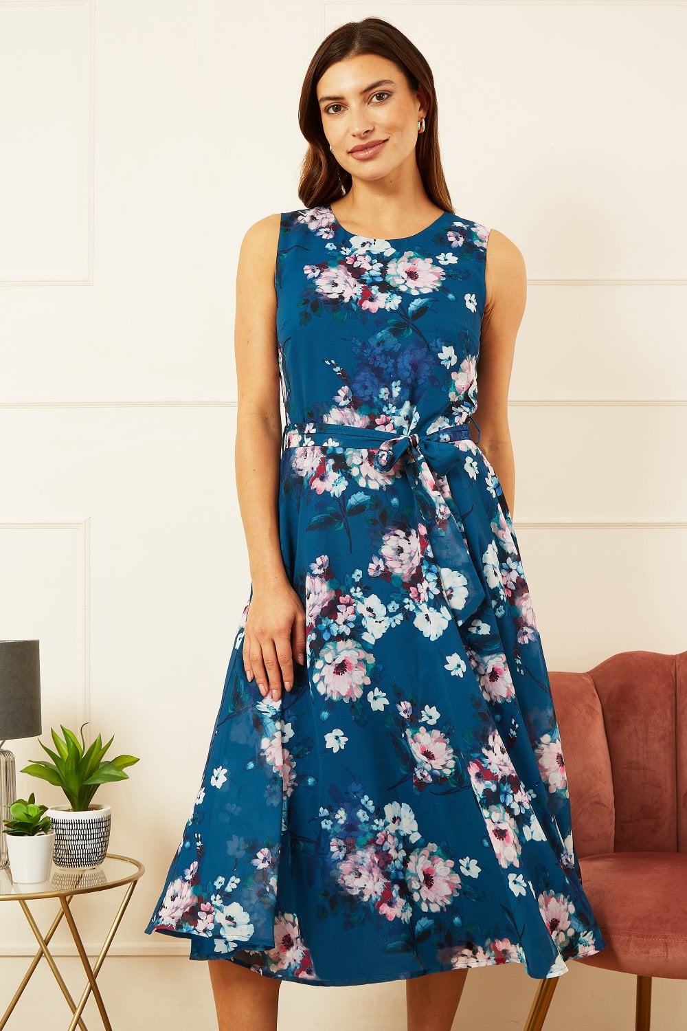 Yumi Teal Watercolour Floral Skater Dress Yumi